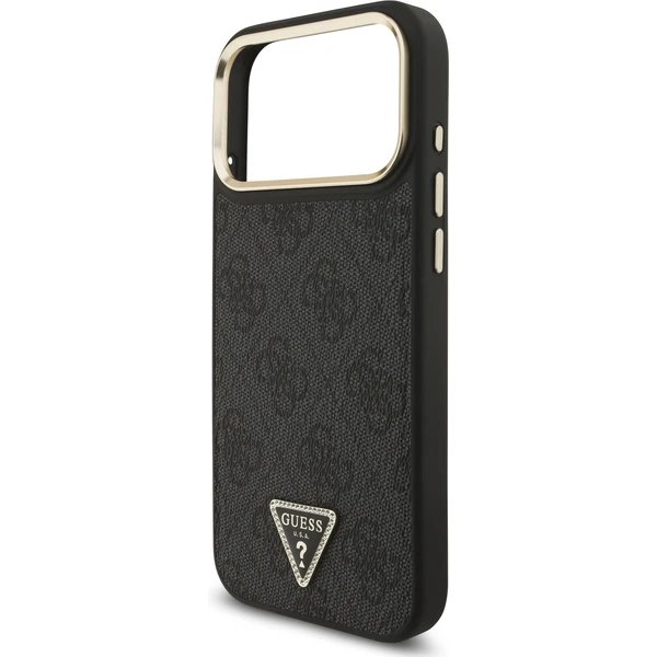Guess PU Leather 4G Strass Triangle Logo Gold Frame MagSafe kryt iPhone Pro Max 17 čierny