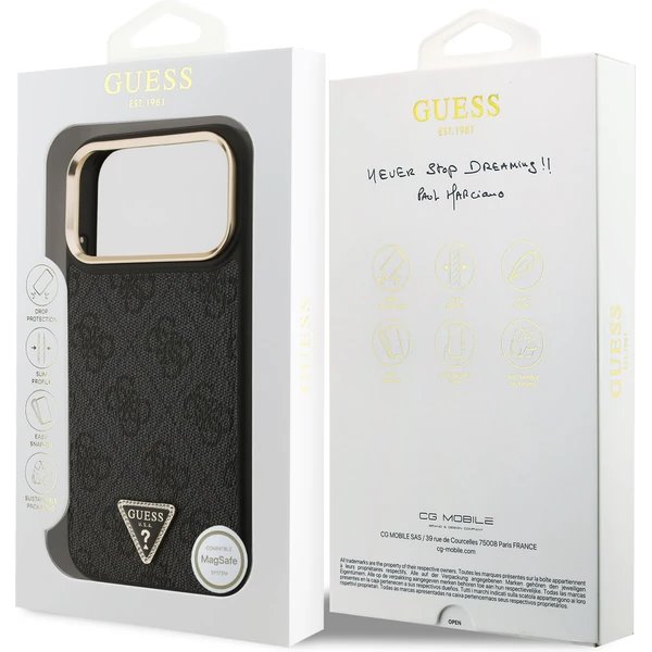 Guess PU Leather 4G Strass Triangle Logo Gold Frame MagSafe kryt iPhone Pro Max 17 čierny