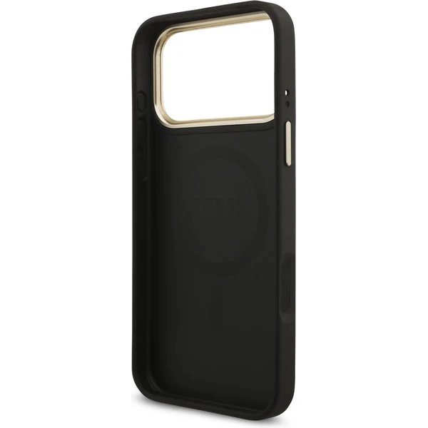 Guess PU Leather 4G Strass Triangle Logo Gold Frame MagSafe kryt iPhone Pro 17 čierny