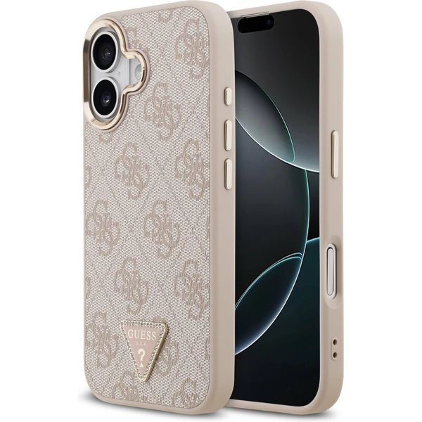Guess PU Leather 4G Strass Triangle Logo Gold Frame MagSafe kryt iPhone 17 ružový