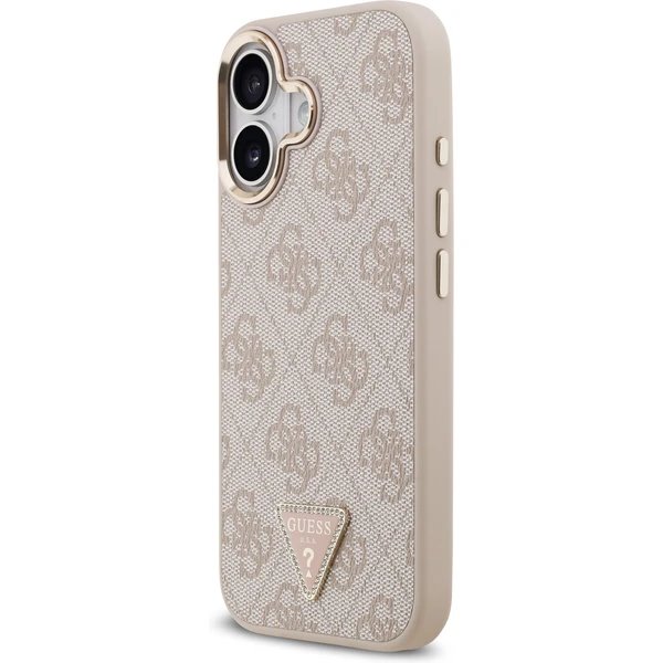 Guess PU Leather 4G Strass Triangle Logo Gold Frame MagSafe kryt iPhone 17 ružový