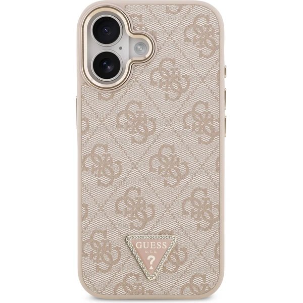 Guess PU Leather 4G Strass Triangle Logo Gold Frame MagSafe kryt iPhone 17 ružový