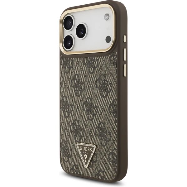 Guess PU Leather 4G Strass Triangle Logo Gold Frame MagSafe kryt iPhone 17 Pro Max hnedý