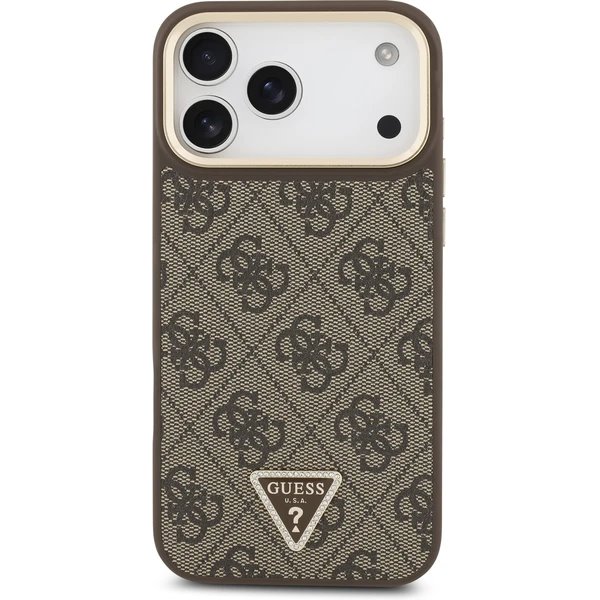 Guess PU Leather 4G Strass Triangle Logo Gold Frame MagSafe kryt iPhone 17 Pro Max hnedý