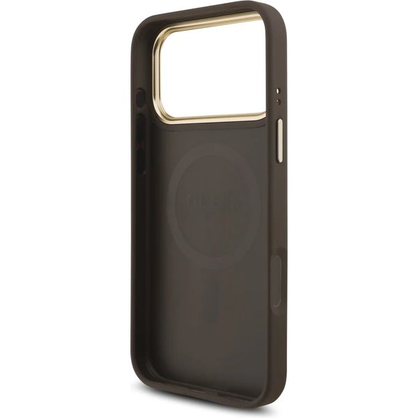 Guess PU Leather 4G Strass Triangle Logo Gold Frame MagSafe kryt iPhone 17 Pro Max hnedý