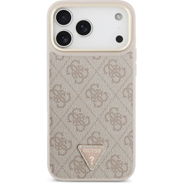 Guess PU Leather 4G Strass Triangle Logo Gold Frame MagSafe kryt iPhone 17 Pro ružový