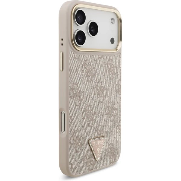 Guess PU Leather 4G Strass Triangle Logo Gold Frame MagSafe kryt iPhone 17 Pro ružový