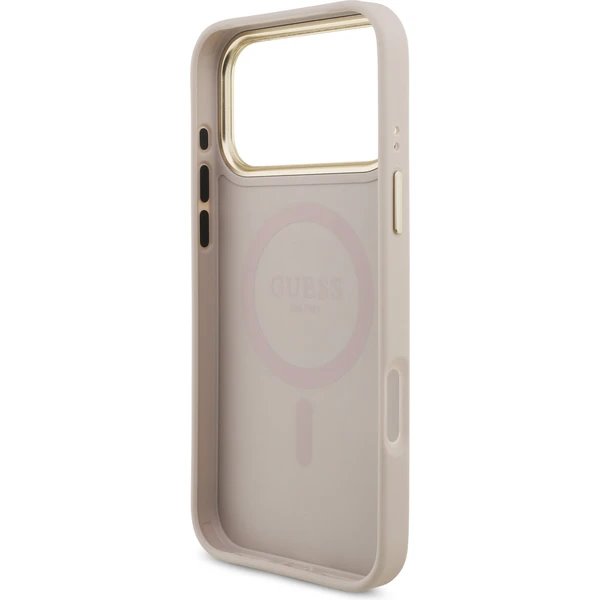 Guess PU Leather 4G Strass Triangle Logo Gold Frame MagSafe kryt iPhone 17 Pro ružový