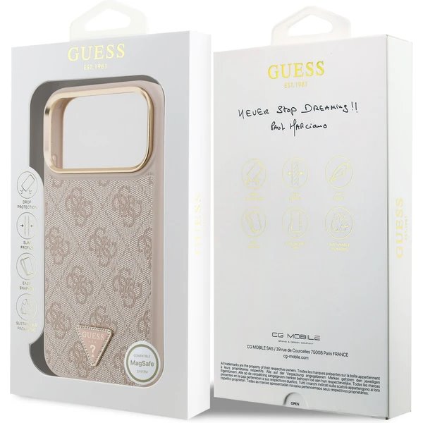 Guess PU Leather 4G Strass Triangle Logo Gold Frame MagSafe kryt iPhone 17 Pro ružový