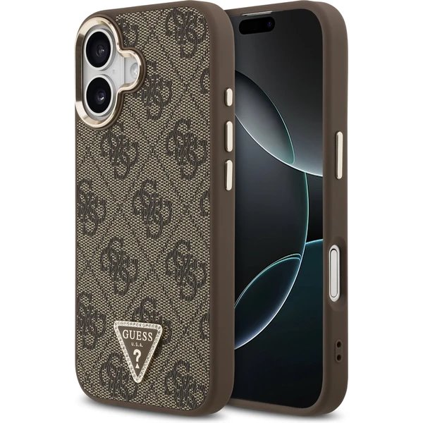 Guess PU Leather 4G Strass Triangle Logo Gold Frame MagSafe kryt iPhone 17 hnedý