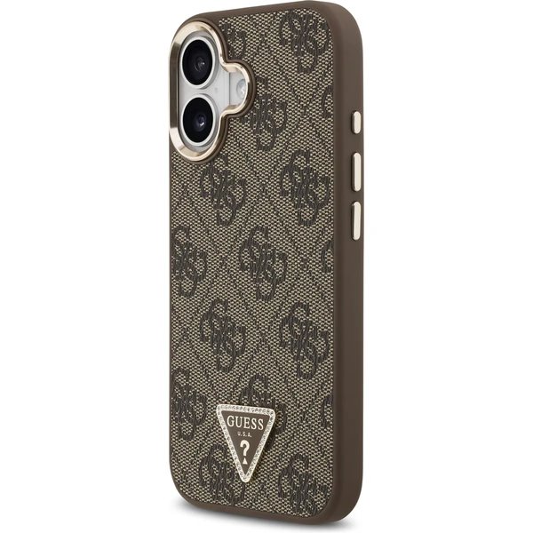 Guess PU Leather 4G Strass Triangle Logo Gold Frame MagSafe kryt iPhone 17 hnedý