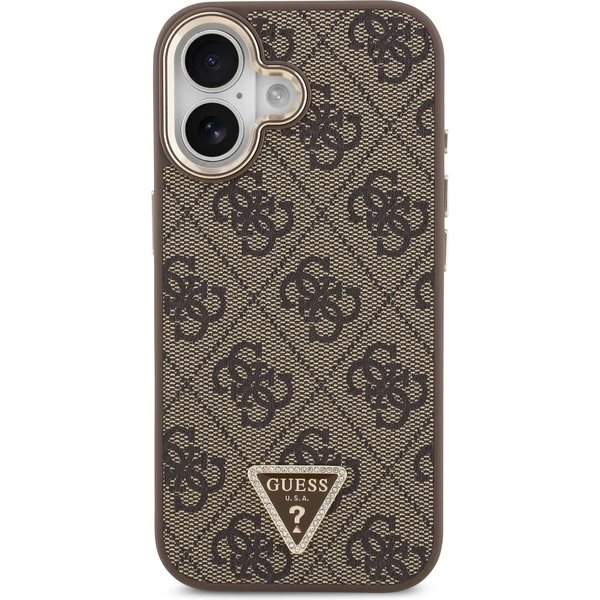 Guess PU Leather 4G Strass Triangle Logo Gold Frame MagSafe kryt iPhone 17 hnedý