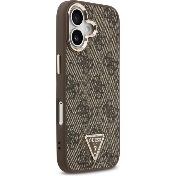 Guess PU Leather 4G Strass Triangle Logo Gold Frame MagSafe kryt iPhone 17 hnedý
