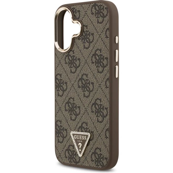 Guess PU Leather 4G Strass Triangle Logo Gold Frame MagSafe kryt iPhone 17 hnedý