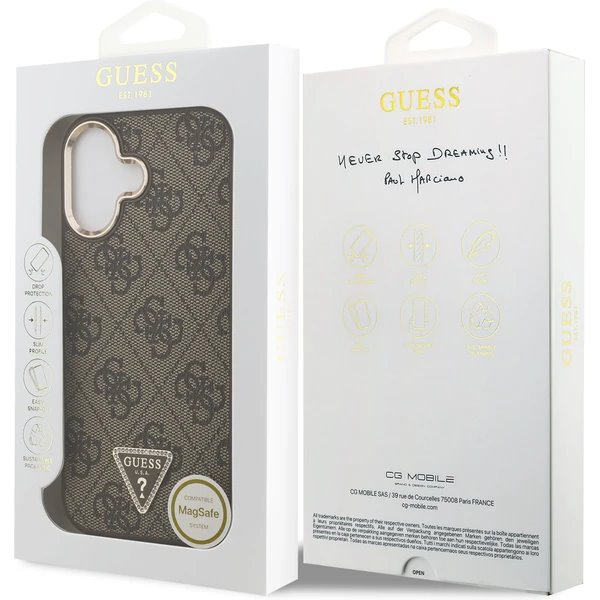 Guess PU Leather 4G Strass Triangle Logo Gold Frame MagSafe kryt iPhone 17 hnedý