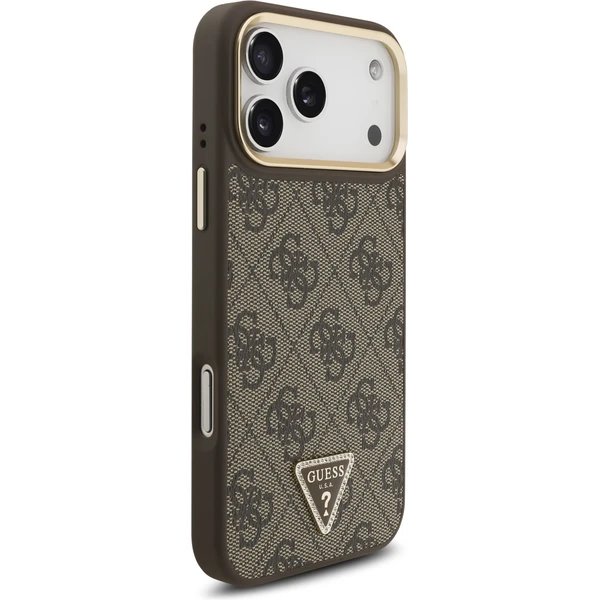 Guess PU Leather 4G Strass Triangle Logo Gold Frame MagSafe kryt iPhone 17 Pro hnedý