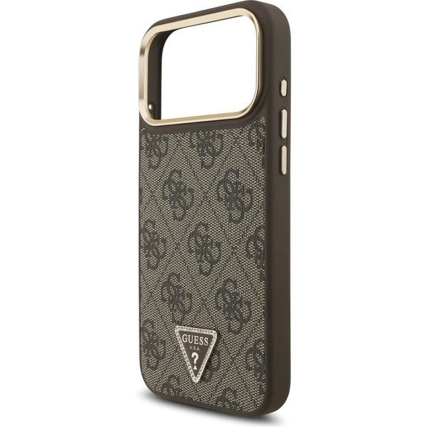 Guess PU Leather 4G Strass Triangle Logo Gold Frame MagSafe kryt iPhone 17 Pro hnedý
