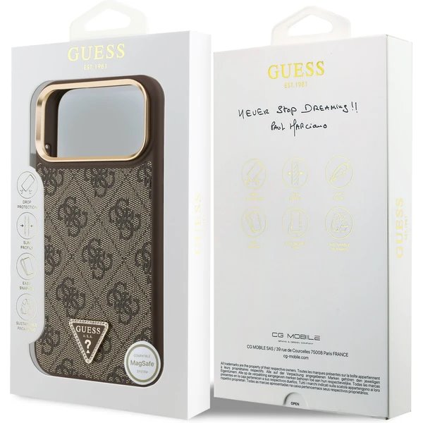 Guess PU Leather 4G Strass Triangle Logo Gold Frame MagSafe kryt iPhone 17 Pro hnedý