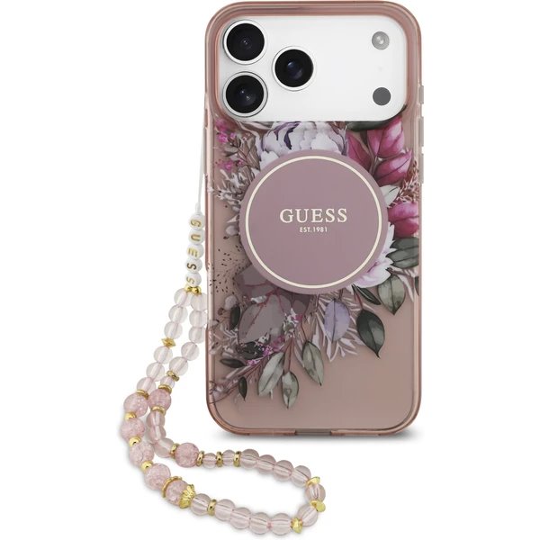 Guess IML Flowers Strap MagSafe kryt iPhone 17 Pro Max ružový