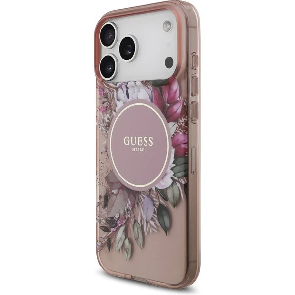 Guess IML Flowers Strap MagSafe kryt iPhone 17 Pro ružový