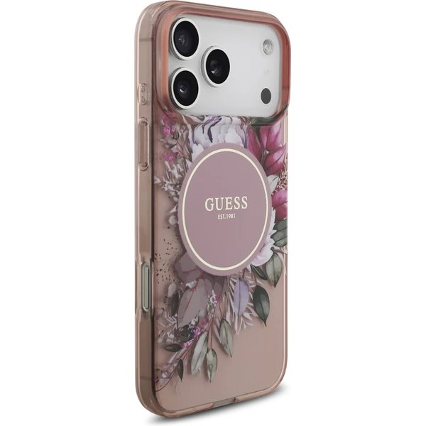Guess IML Flowers Strap MagSafe kryt iPhone 17 Pro ružový