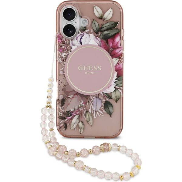 Guess IML Flowers Strap MagSafe kryt iPhone 17 ružový