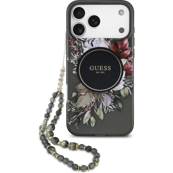 Guess IML Flowers Strap MagSafe kryt iPhone 17 Pro Max čierny