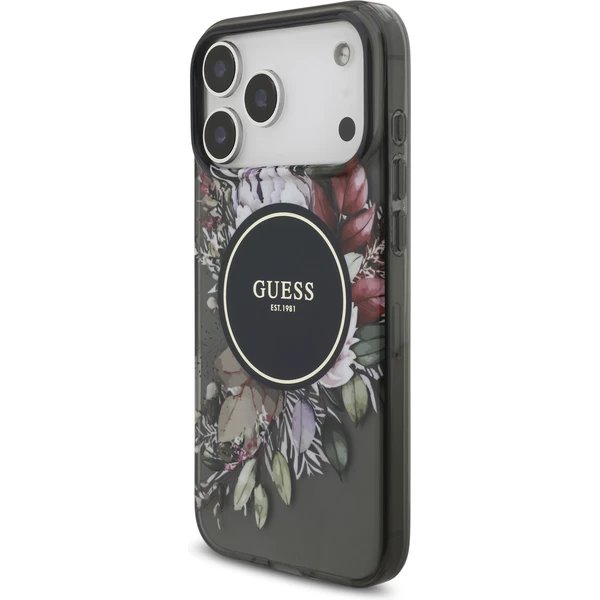 Guess IML Flowers Strap MagSafe kryt iPhone 17 Pro čierny