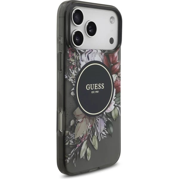 Guess IML Flowers Strap MagSafe kryt iPhone 17 Pro čierny