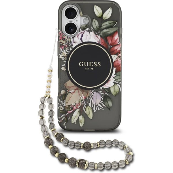 Guess IML Flowers Strap MagSafe kryt iPhone 17 čierny