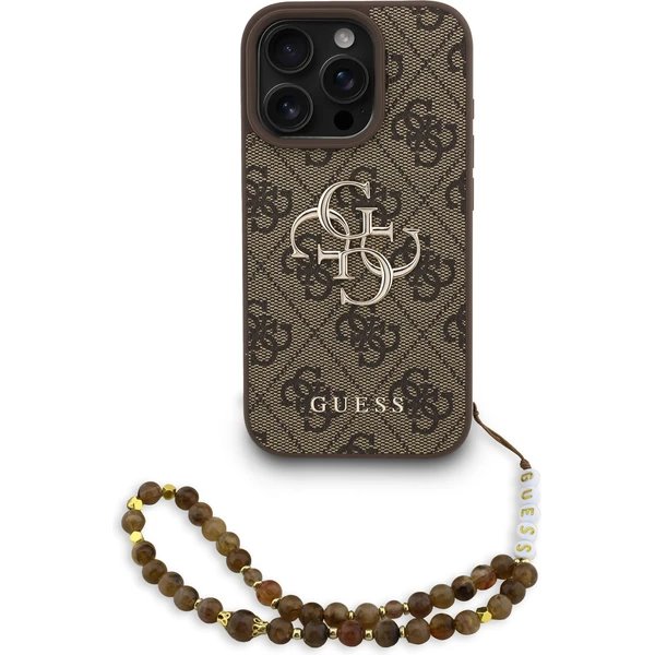 Guess PU 4G Metal Logo Strap kryt iPhone 16 Pro hnedý
