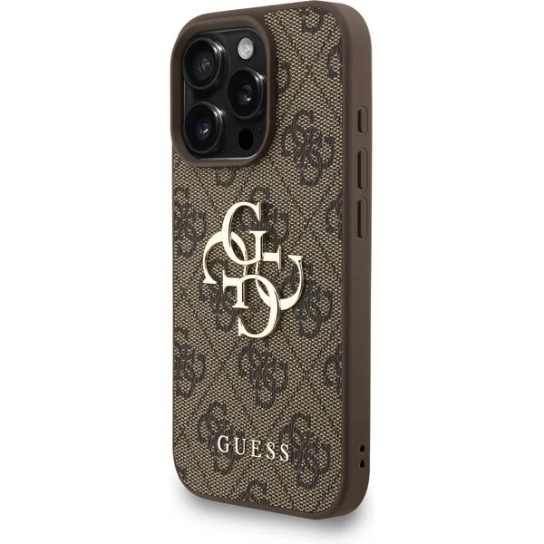 Guess PU 4G Metal Logo Strap kryt iPhone 16 Pro hnedý