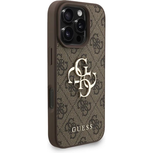 Guess PU 4G Metal Logo Strap kryt iPhone 16 Pro hnedý
