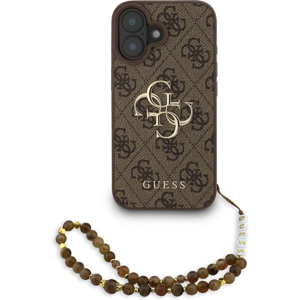 Guess PU 4G Metal Logo Strap kryt iPhone 16 hnedý
