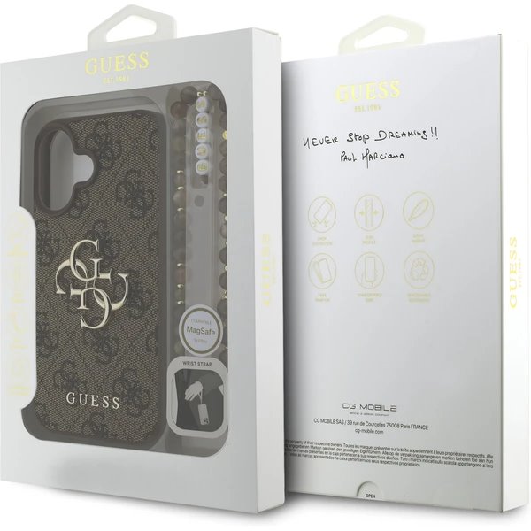 Guess PU 4G Metal Logo Strap kryt iPhone 16 hnedý