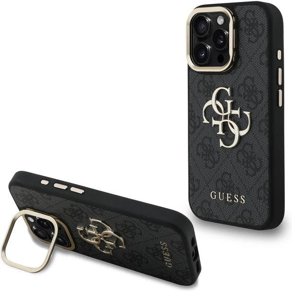 Guess PU 4G Metal Logo Stand Camera Frame kryt iPhone 16 Pro Max čierny
