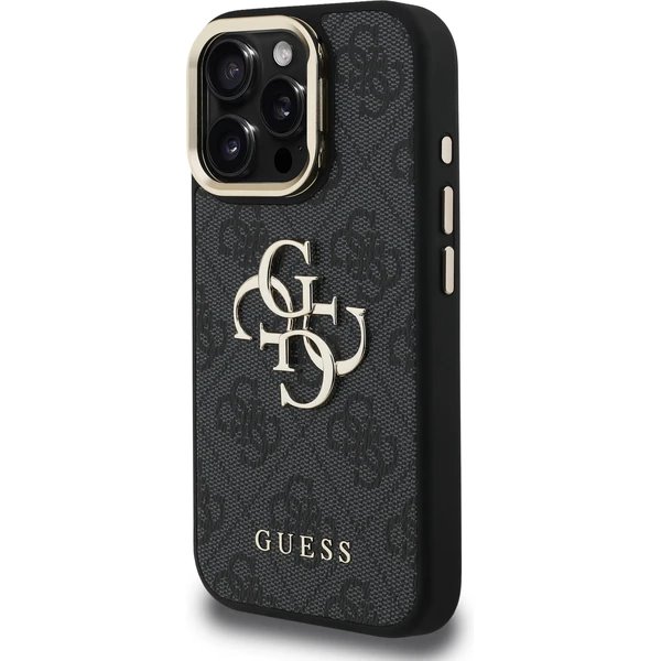 Guess PU 4G Metal Logo Stand Camera Frame kryt iPhone 16 Pro Max čierny