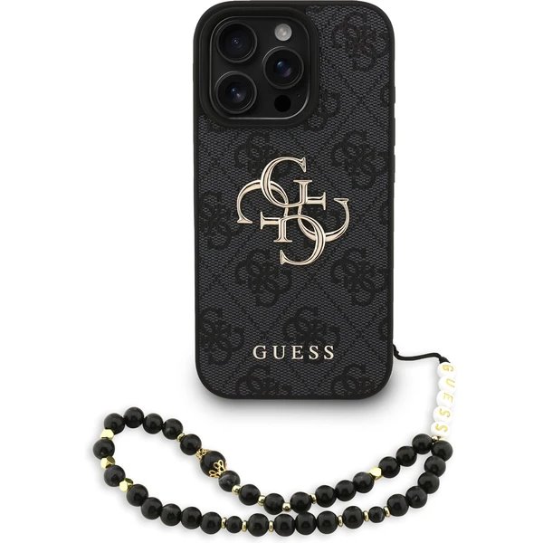 Guess PU 4G Metal Logo Strap kryt iPhone 16 Pro Max čierny