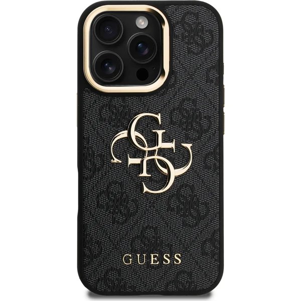 Guess PU 4G Metal Logo Stand Camera Frame kryt iPhone 16 Pro čierny