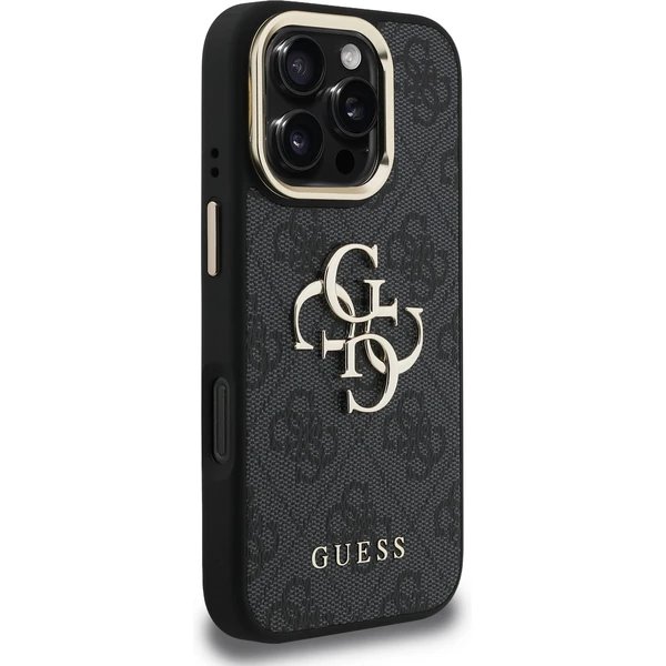 Guess PU 4G Metal Logo Stand Camera Frame kryt iPhone 16 Pro čierny