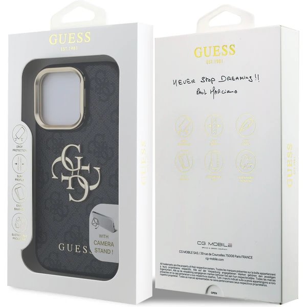 Guess PU 4G Metal Logo Stand Camera Frame kryt iPhone 16 Pro čierny