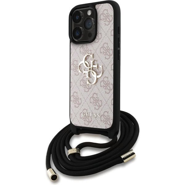 Guess PU 4G Metal Logo Crossbody Popruh kryt iPhone 16 Pro růžový