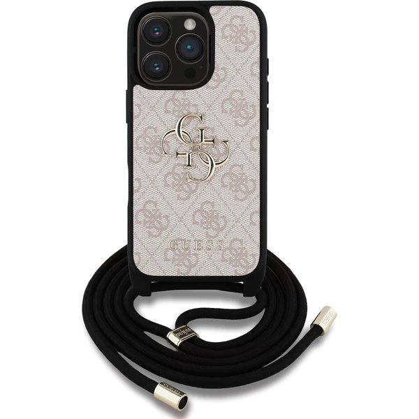 Guess PU 4G Metal Logo Crossbody Popruh kryt iPhone 16 Pro růžový