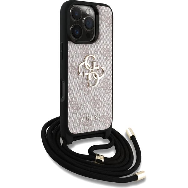 Guess PU 4G Metal Logo Crossbody Popruh kryt iPhone 16 Pro růžový