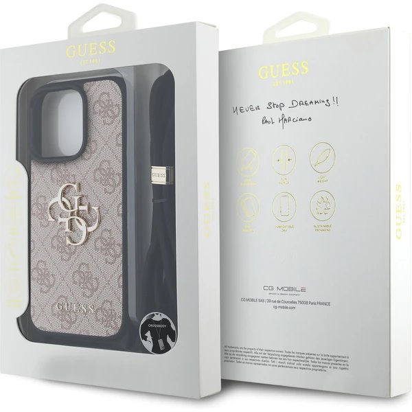 Guess PU 4G Metal Logo Crossbody Popruh kryt iPhone 16 Pro růžový