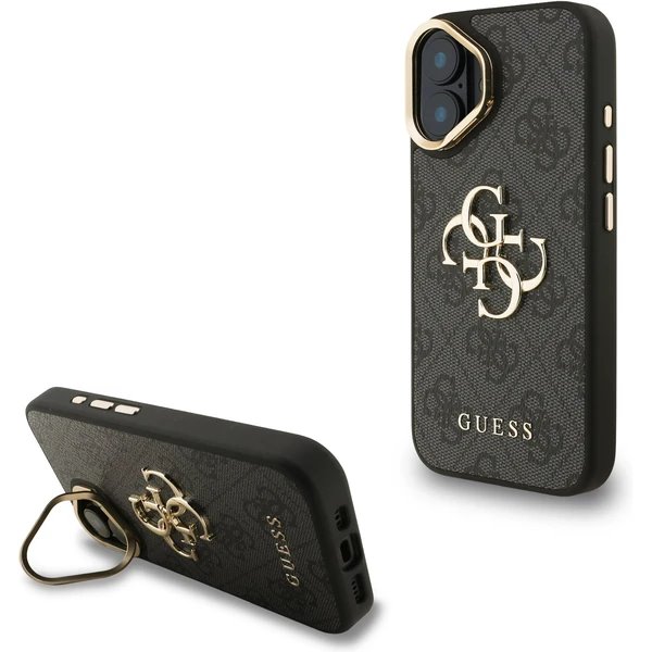Guess PU 4G Metal Logo Stand Camera Frame kryt iPhone 16 čierny
