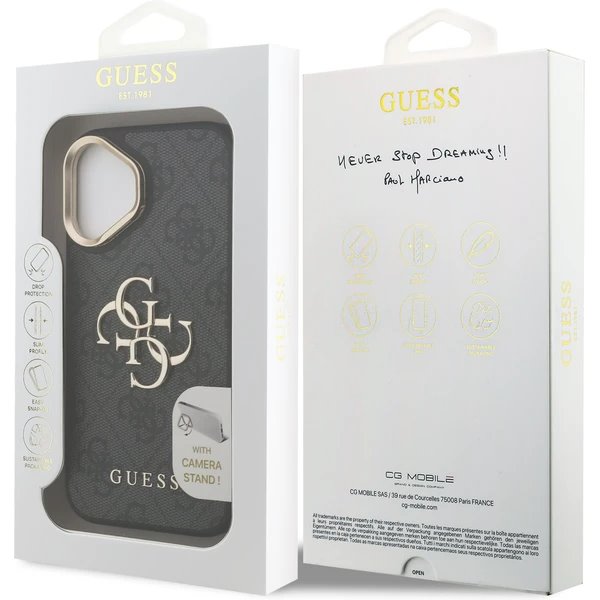 Guess PU 4G Metal Logo Stand Camera Frame kryt iPhone 16 čierny