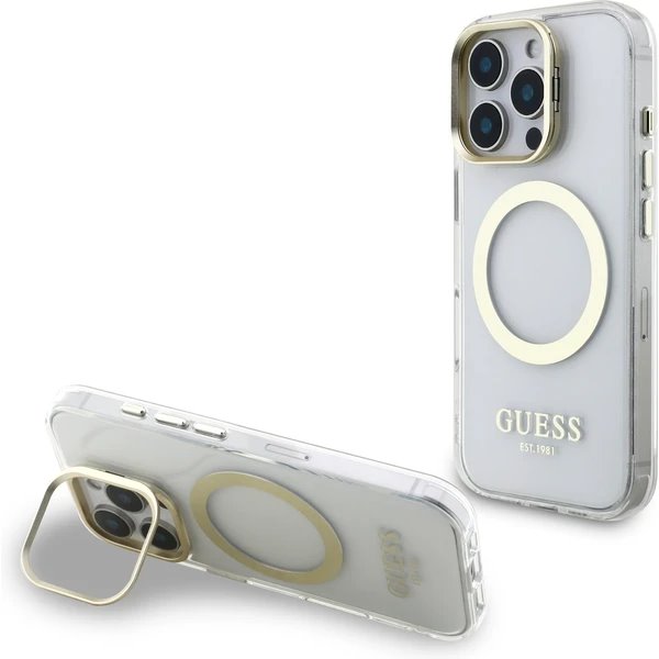 Guess IML Gold Outline Stand Camera Frame MagSafe kryt iPhone 16 Pro Max priehľadný