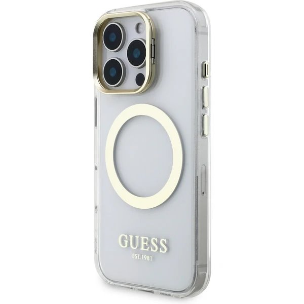Guess IML Gold Outline Stand Camera Frame MagSafe kryt iPhone 16 Pro Max priehľadný