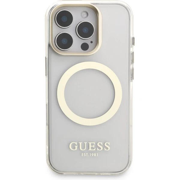Guess IML Gold Outline Stand Camera Frame MagSafe kryt iPhone 16 Pro Max priehľadný